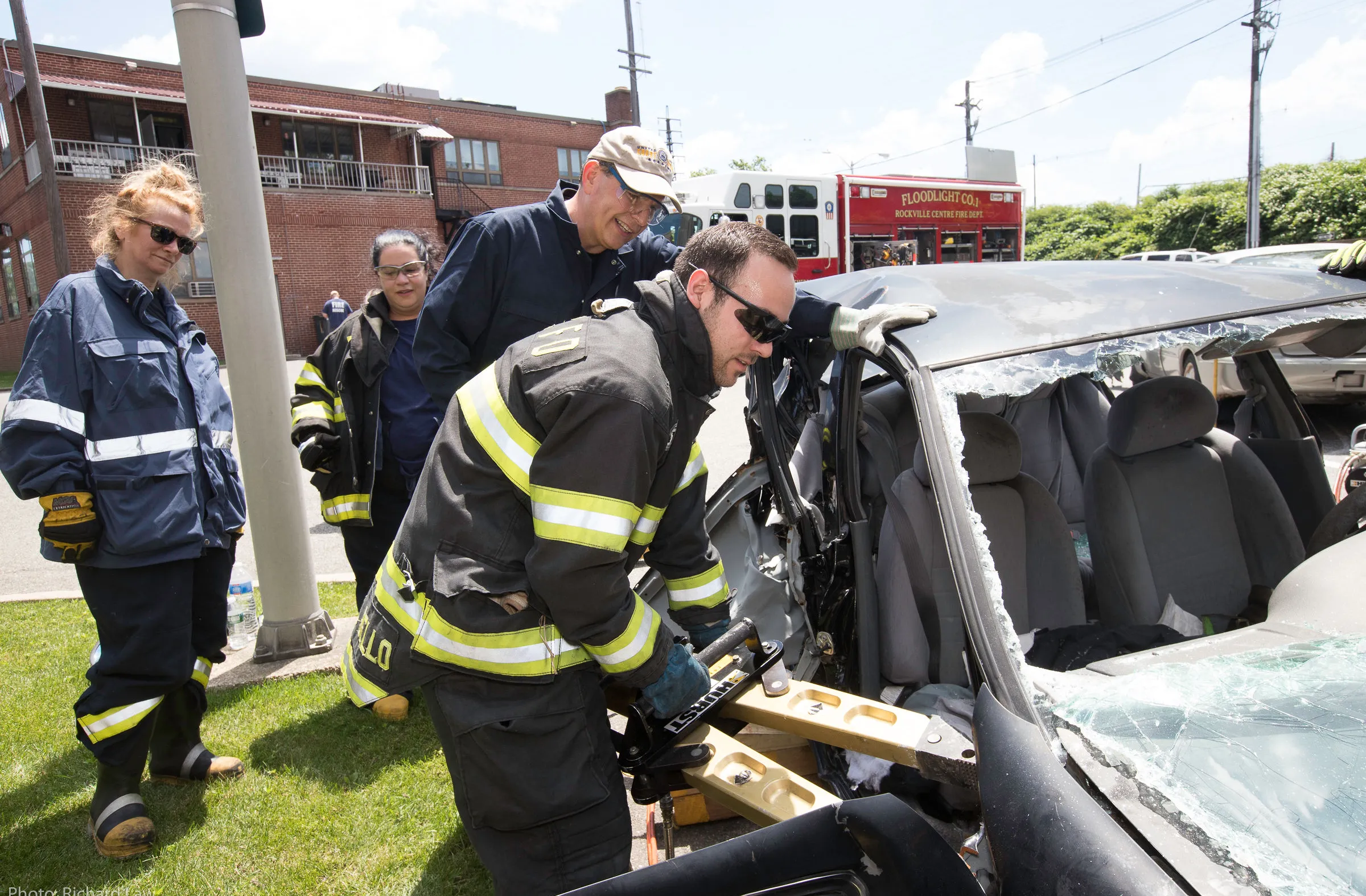 Rockville Centre firefighters conducting vehicle extrication training
