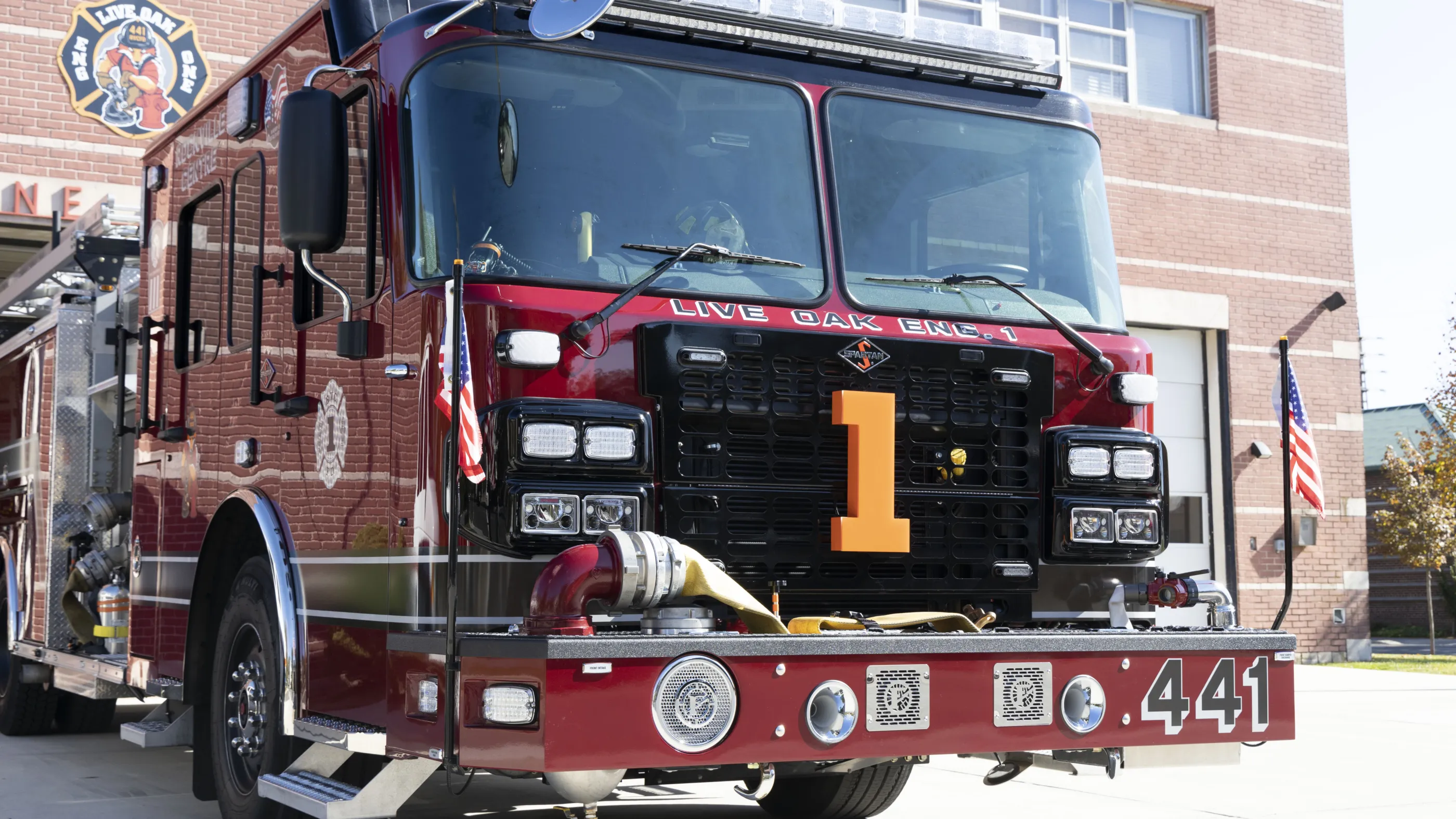 Live Oak Engine Company No. 1 Engine 441 outside the Rockville Centre firehouse.