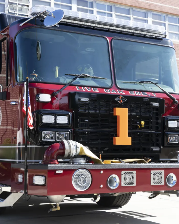 Live Oak Engine Company No. 1 Engine 441 outside the Rockville Centre firehouse.