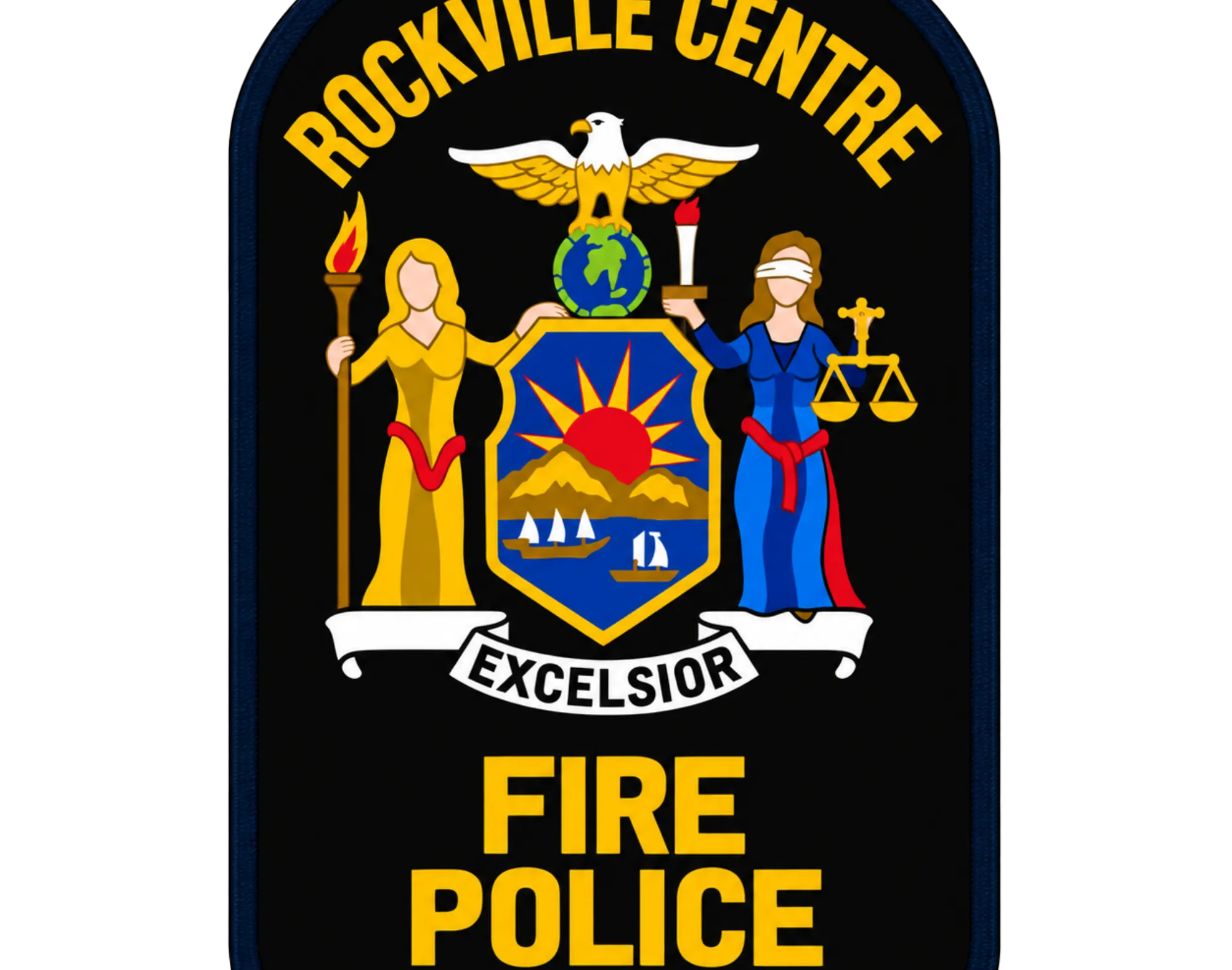 Rockville Centre Fire Department Fire Police patch featuring the New York State coat of arms.