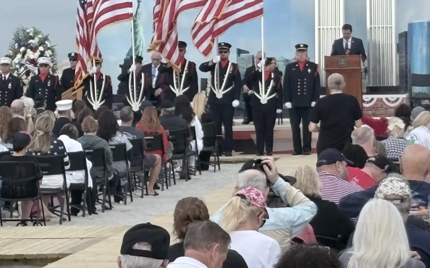 Rockville Centre Fire Department color guard presenting the colors during a 9/11 memorial ceremony.