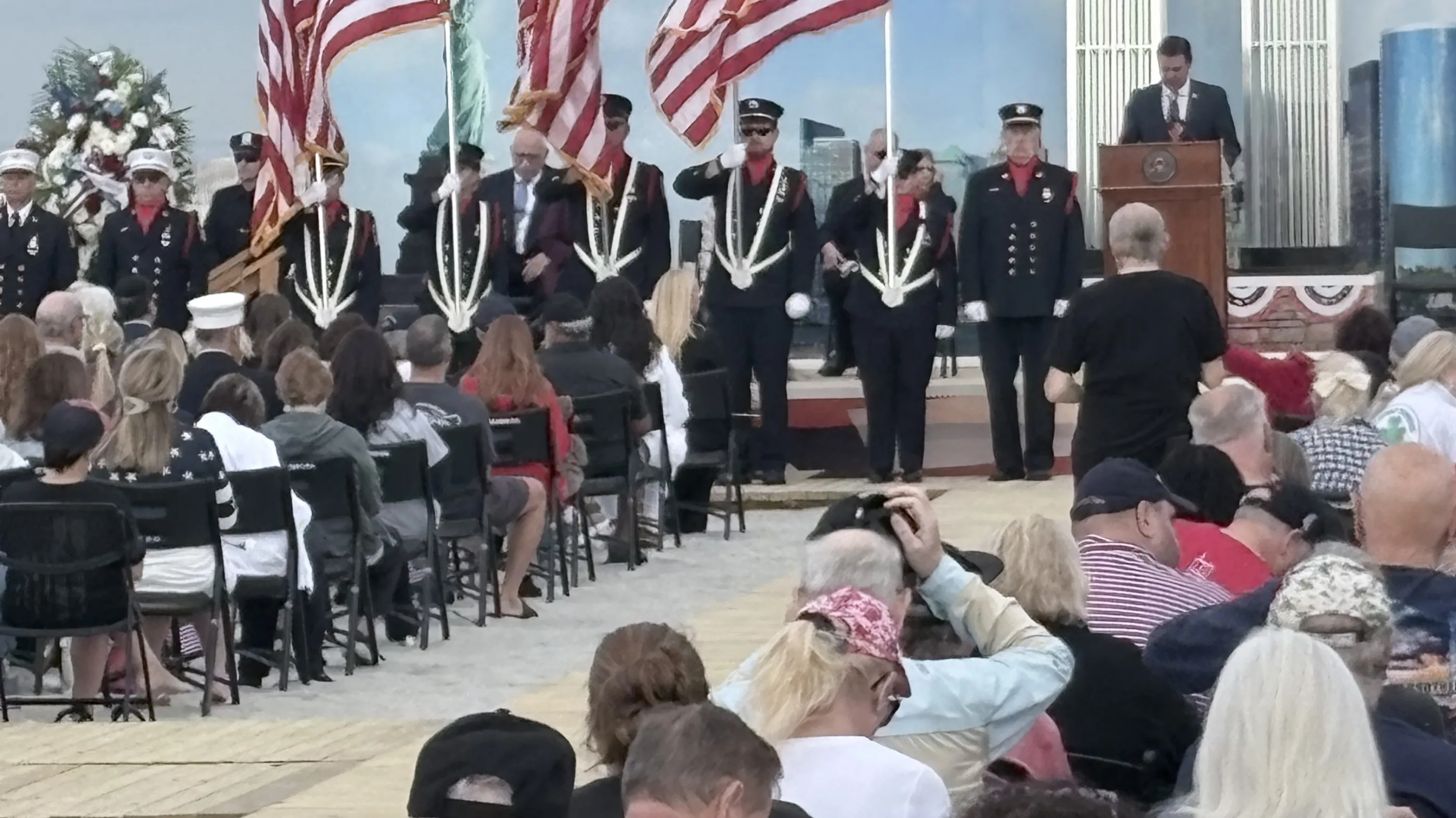 Rockville Centre Fire Department color guard presenting the colors during a 9/11 memorial ceremony.